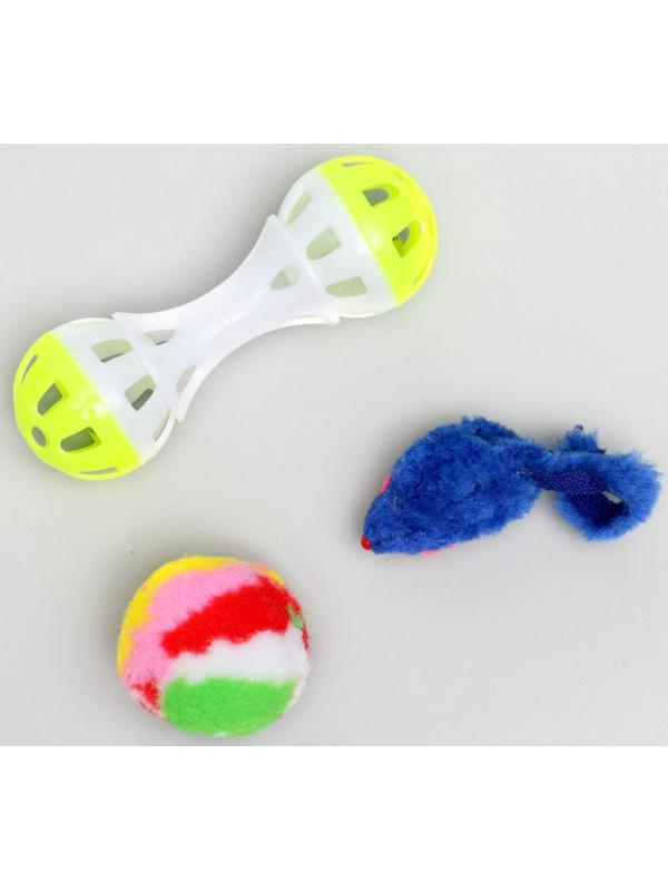 Набор игрушек для кошек: гантель 11 см, мышь 4 см и шар с пером 4 см, микс цветов