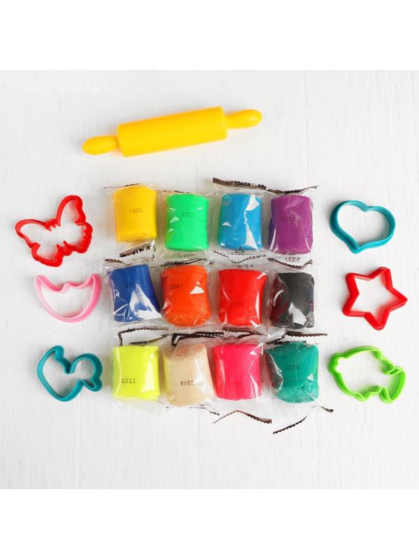 Тесто-пластилин, 12 цветов, 6 формочек + скалка: 16 см