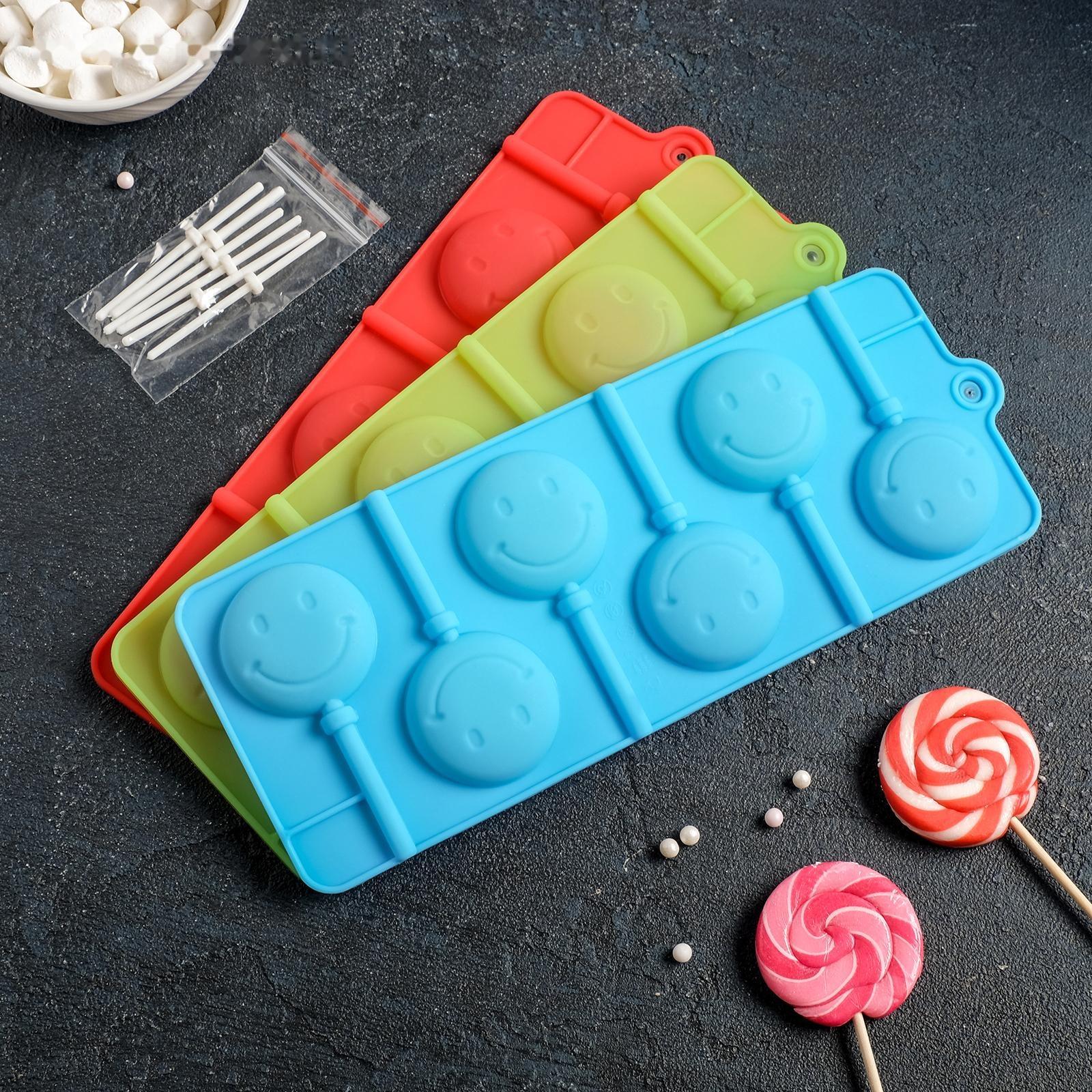 Форма для леденцов Доляна «Смайл», 24×9,5 см, 6 ячеек (d=4 см), с палочками, цвет МИКС