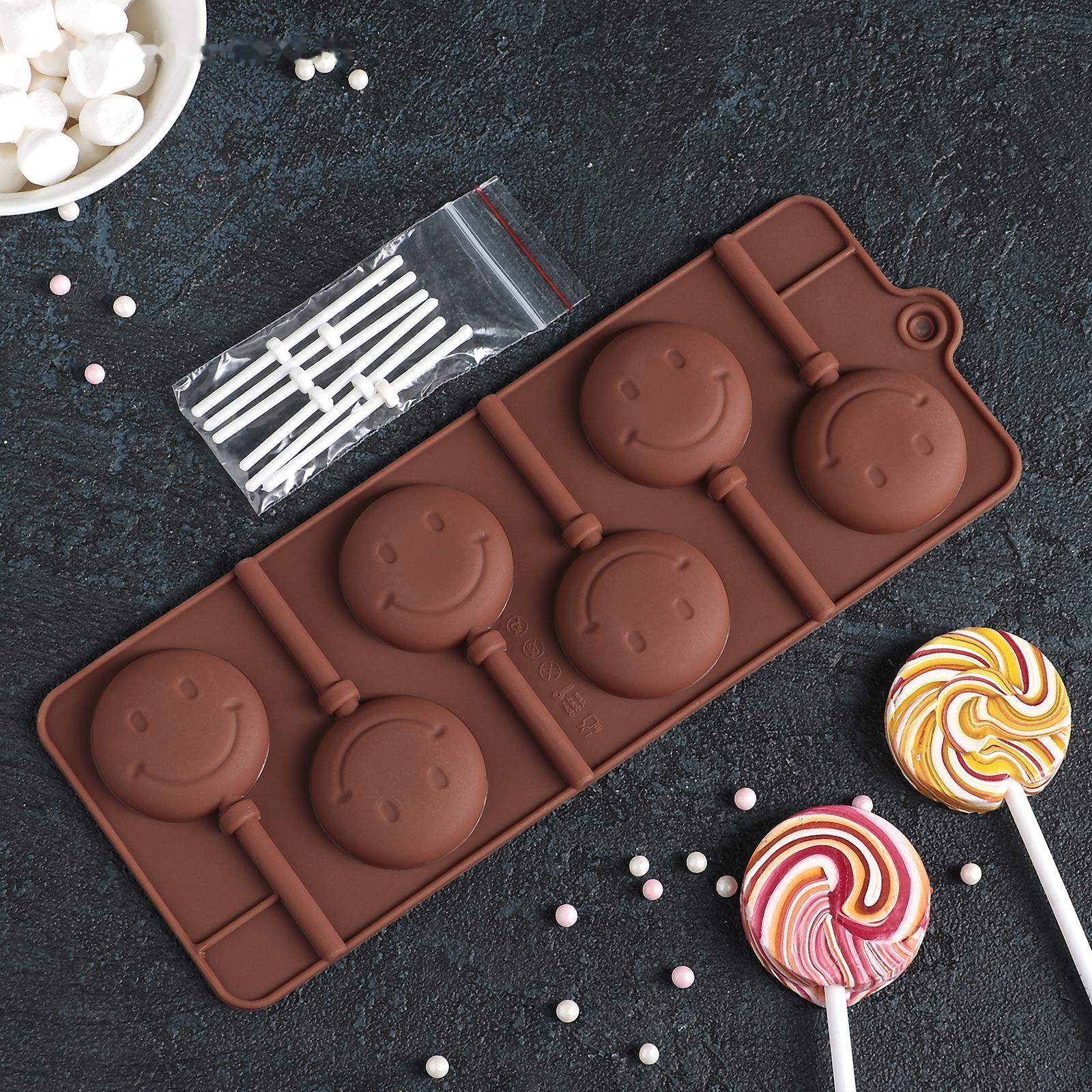 Форма для леденцов Доляна «Смайл», 24×9,5 см, 6 ячеек (d=4 см), с палочками, цвет МИКС