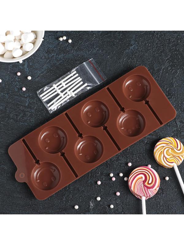 Форма для леденцов Доляна «Смайл», 24×9,5 см, 6 ячеек (d=4 см), с палочками, цвет МИКС