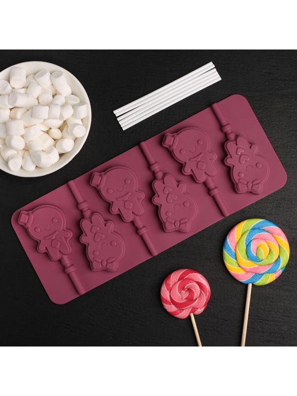 Форма для леденцов Доляна «Девочка, мальчик», 24×9,5 см, 6 ячеек, с палочками, цвет МИКС