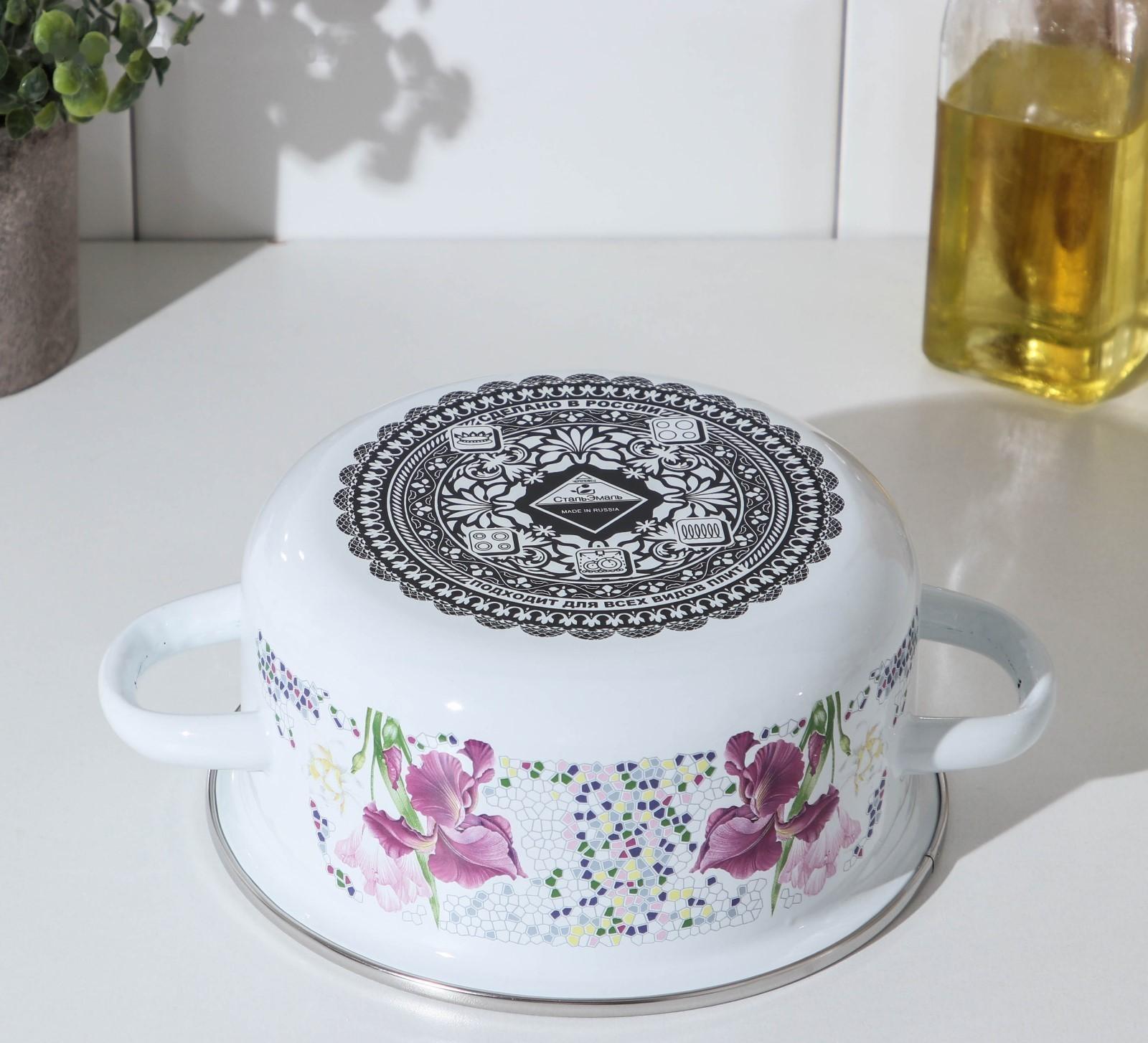 Кастрюля «Мозаика» 1,5 л, d=15 см, эмалированная крышка, индукция, цвет белый