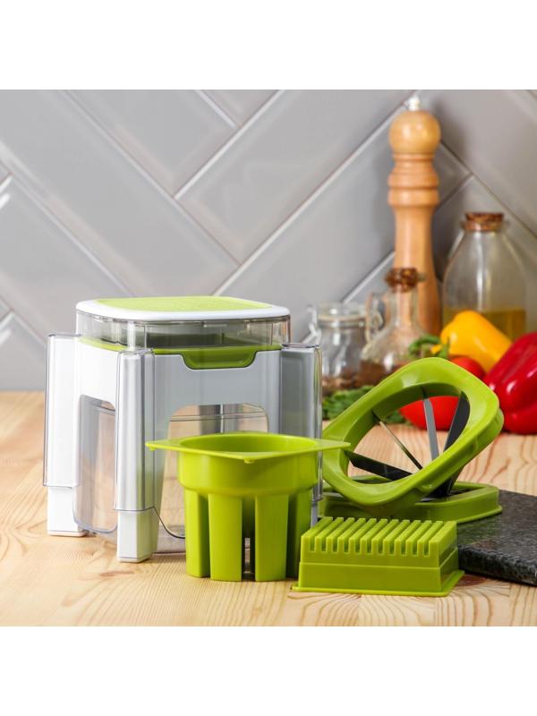 Овощерезка универсальная с контейнером Доляна, 3 сменные насадки и пушер, 14,5×14,5×21 см, цвет бело-зелёный