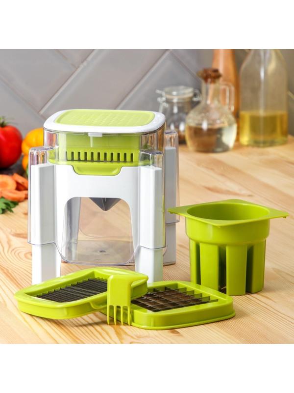 Овощерезка универсальная с контейнером Доляна, 3 сменные насадки и пушер, 14,5×14,5×21 см, цвет бело-зелёный