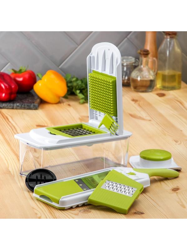 Овощерезка-шинковка Доляна со сменными насадками и контейнером, 6 насадок, 14×12,5×38,1 см, цвет белый, зелёный