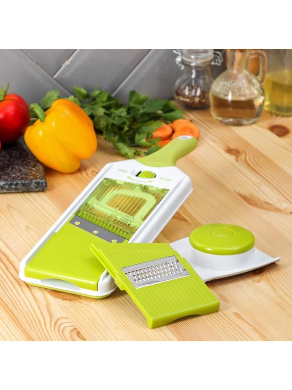 Овощерезка-шинковка Доляна со сменными насадками и контейнером, 6 насадок, 14×12,5×38,1 см, цвет белый, зелёный