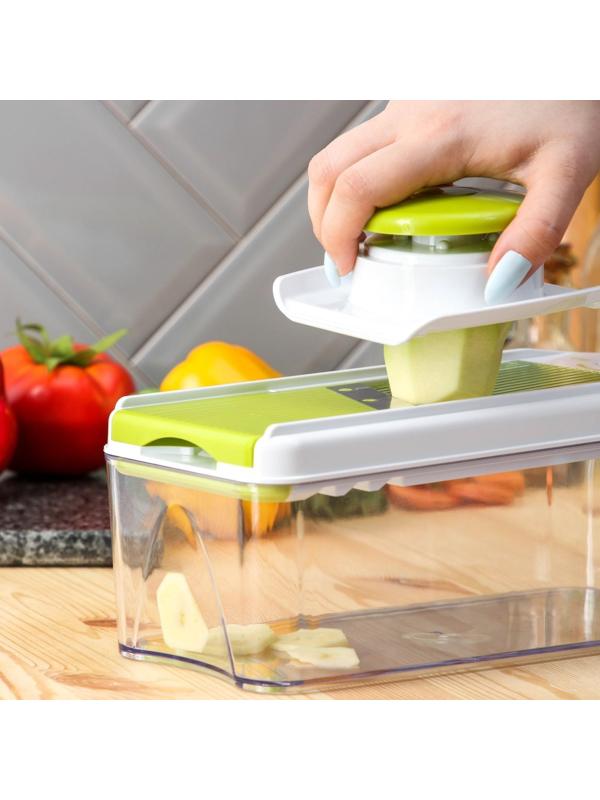 Овощерезка-шинковка Доляна со сменными насадками и контейнером, 6 насадок, 14×12,5×38,1 см, цвет белый, зелёный