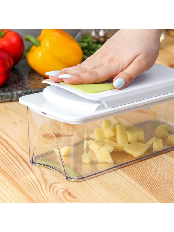 Овощерезка-шинковка Доляна со сменными насадками и контейнером, 6 насадок, 14×12,5×38,1 см, цвет белый, зелёный