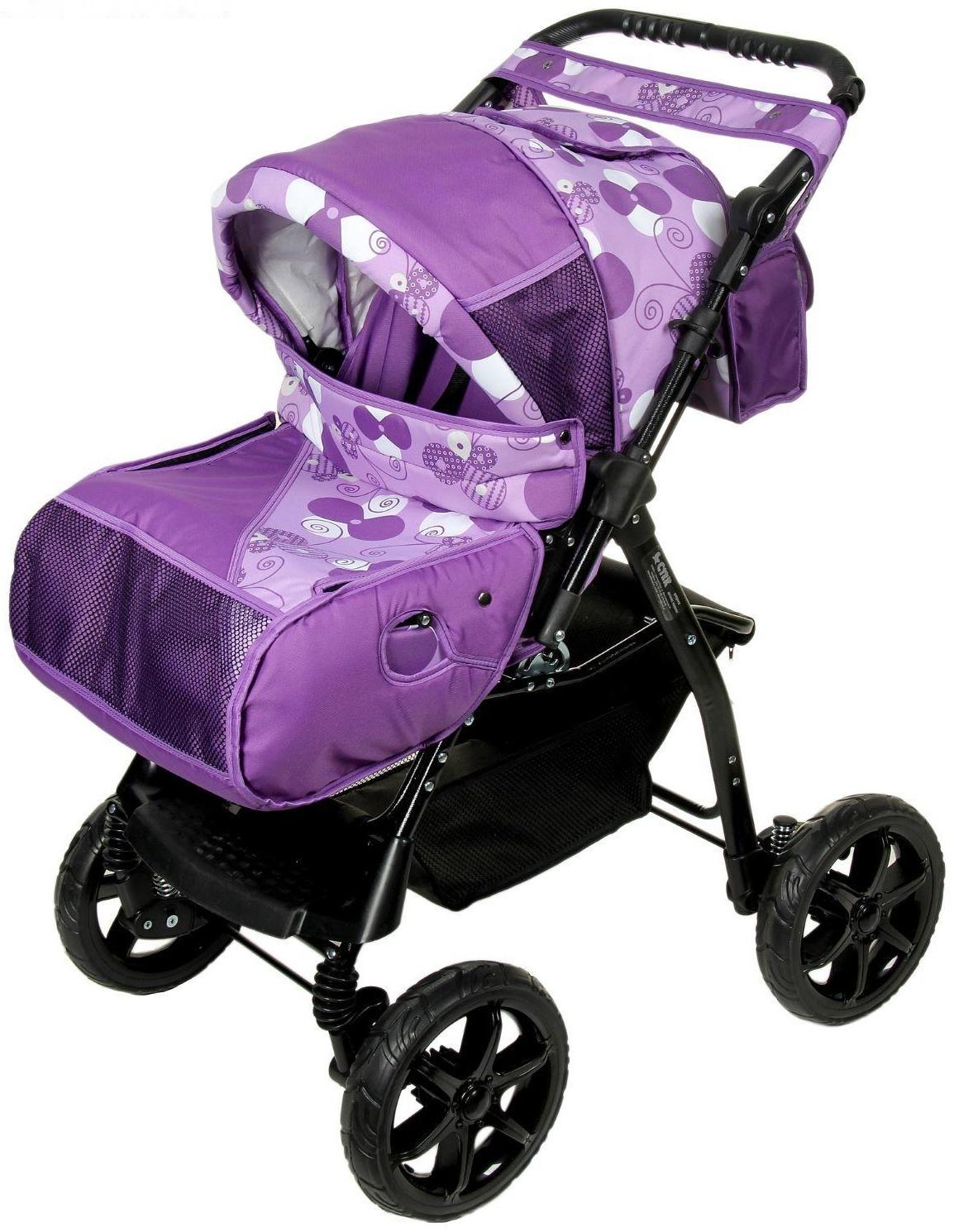 Коляска-трансформер «Гном», пластиковые колёса, оттенки фиолетового, рисунок МИКС