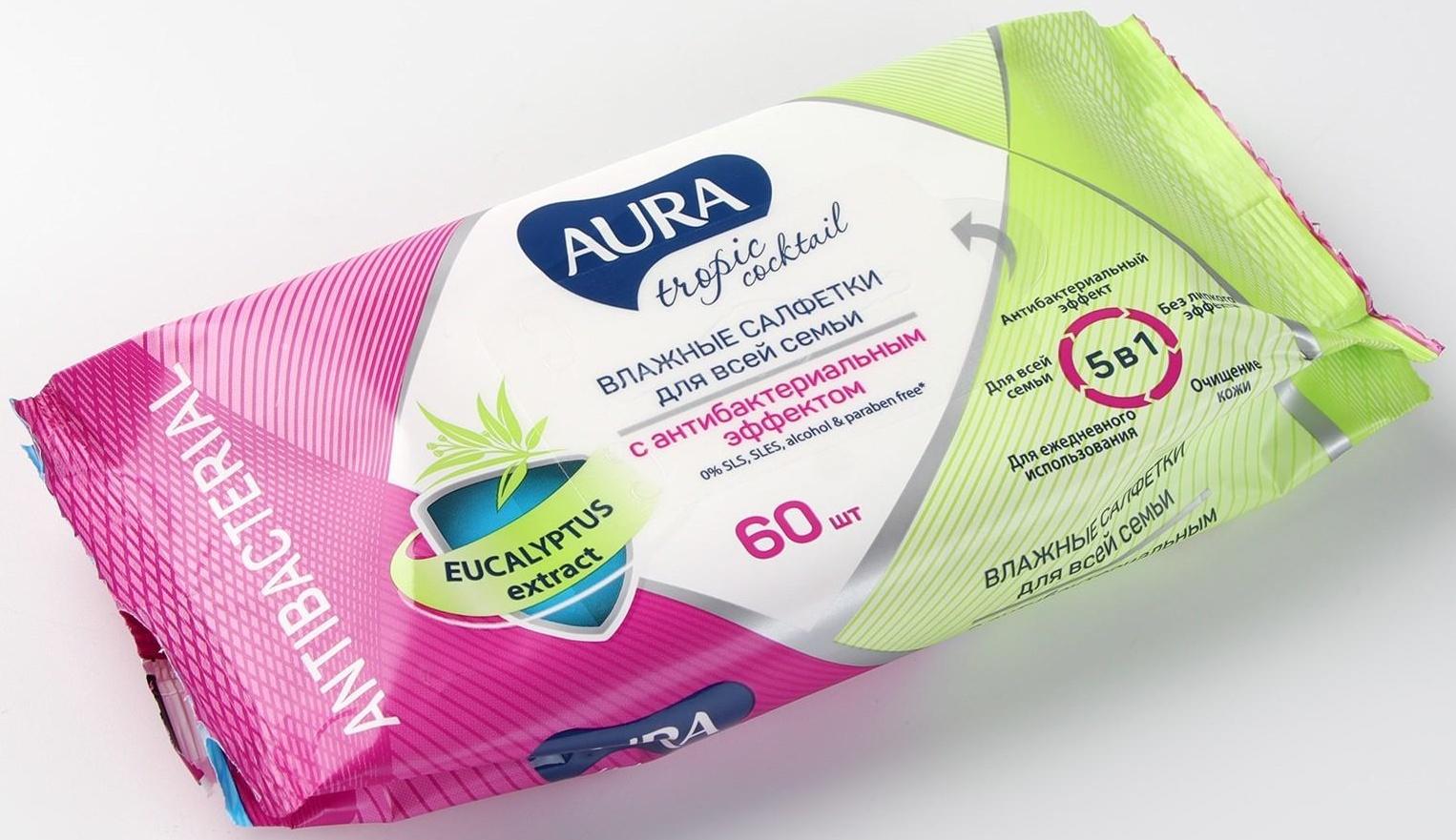 Влажные салфетки Aura Tropic Cocktail, c антибактериальным эффектом, 60 шт.