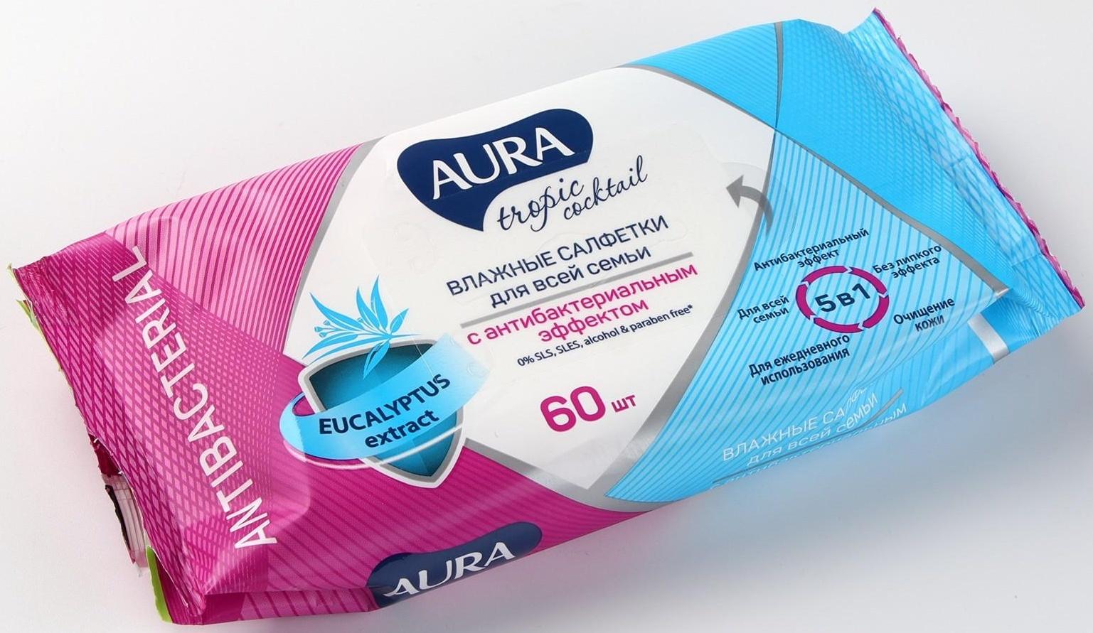 Влажные салфетки Aura Tropic Cocktail, c антибактериальным эффектом, 60 шт.