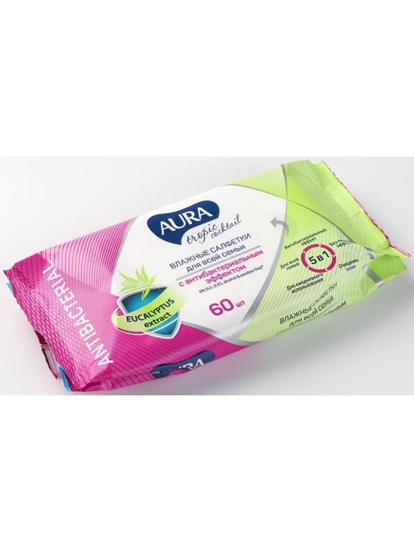 Влажные салфетки Aura Tropic Cocktail, c антибактериальным эффектом, 60 шт.