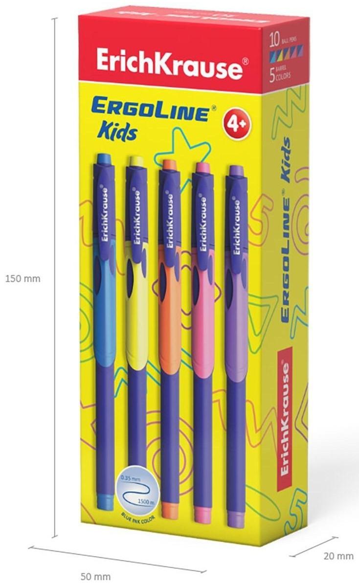Ручка шариковая ErichKrause ErgoLine Kids Ultra Glide, первоклассника, эргономичный держатель, корпус Soft-touch, узел 0.7 мм, чернила синие, микс
