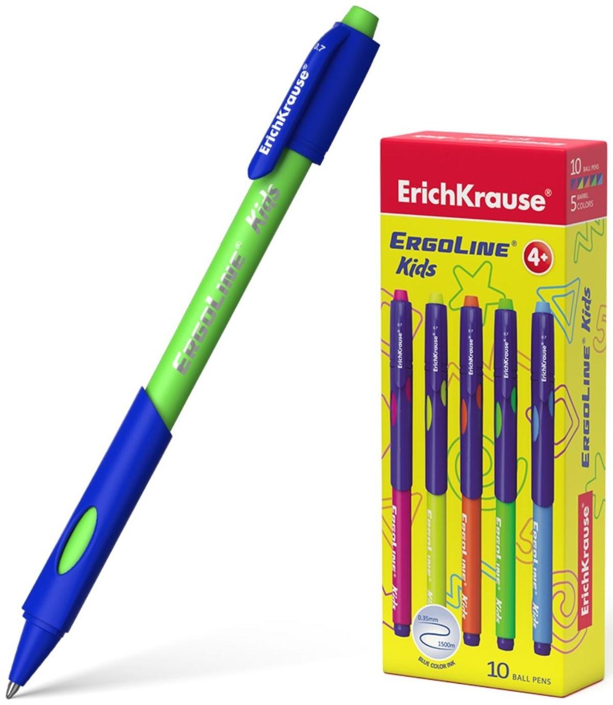 Ручка шариковая ErichKrause ErgoLine Kids Ultra Glide, первоклассника, эргономичный держатель, корпус Soft-touch, узел 0.7 мм, чернила синие, микс