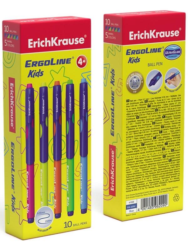 Ручка шариковая ErichKrause ErgoLine Kids Ultra Glide, первоклассника, эргономичный держатель, корпус Soft-touch, узел 0.7 мм, чернила синие, микс