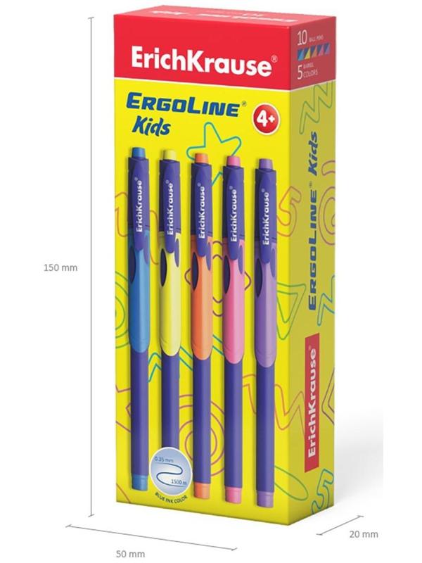 Ручка шариковая ErichKrause ErgoLine Kids Ultra Glide, первоклассника, эргономичный держатель, корпус Soft-touch, узел 0.7 мм, чернила синие, микс