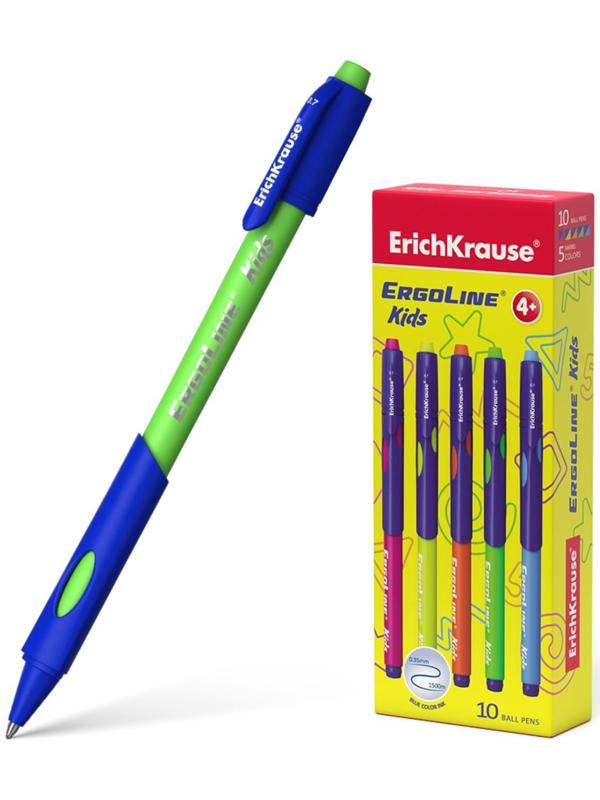 Ручка шариковая ErichKrause ErgoLine Kids Ultra Glide, первоклассника, эргономичный держатель, корпус Soft-touch, узел 0.7 мм, чернила синие, микс