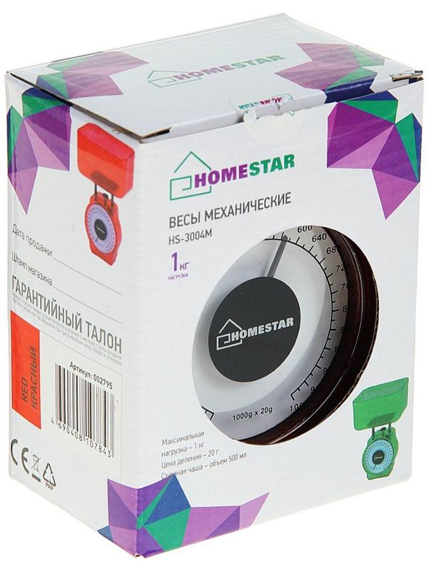 Весы кухонные HOMESTAR HS-3004М, механические, до 1 кг, чаша 0.5 л, красные