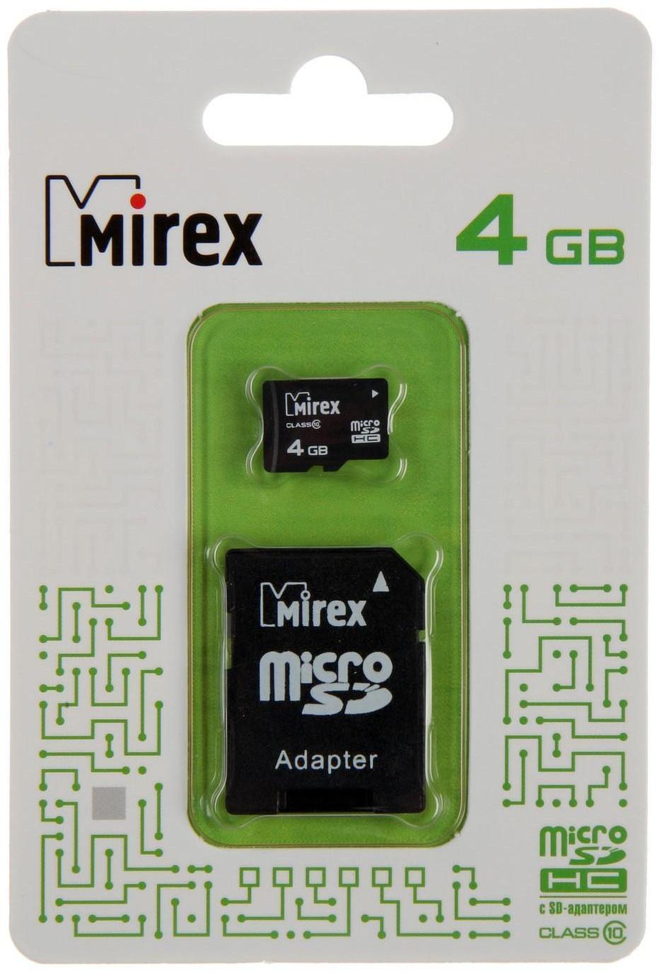 Карта памяти Mirex microSD, 4 Гб, SDHC, класс 10, с адаптером SD