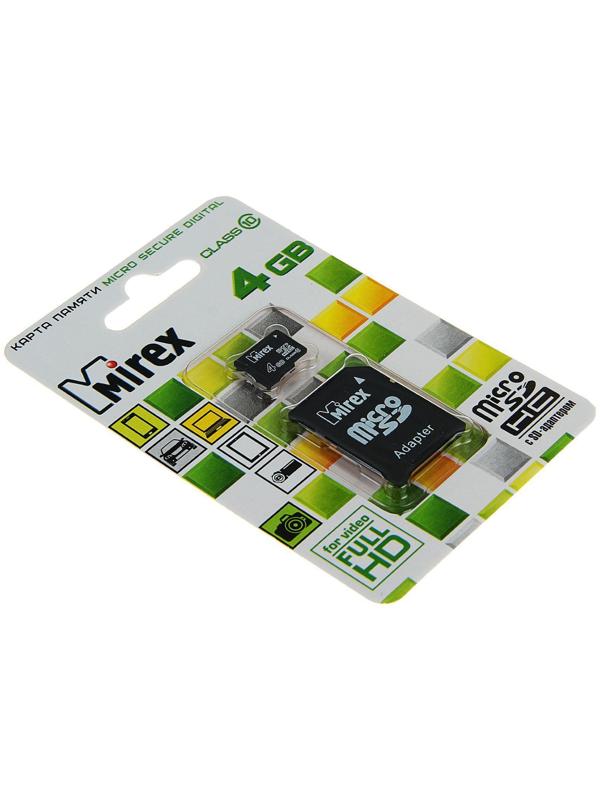 Карта памяти Mirex microSD, 4 Гб, SDHC, класс 10, с адаптером SD