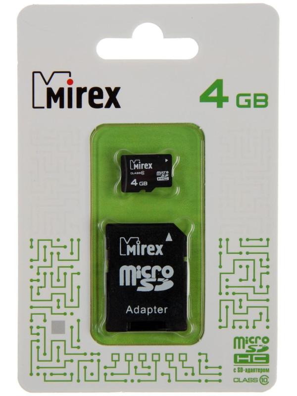 Карта памяти Mirex microSD, 4 Гб, SDHC, класс 10, с адаптером SD