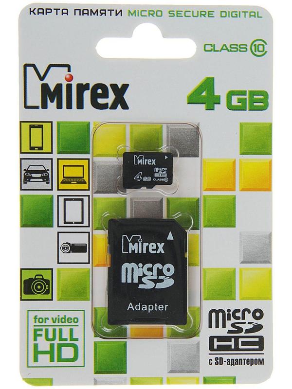 Карта памяти Mirex microSD, 4 Гб, SDHC, класс 10, с адаптером SD