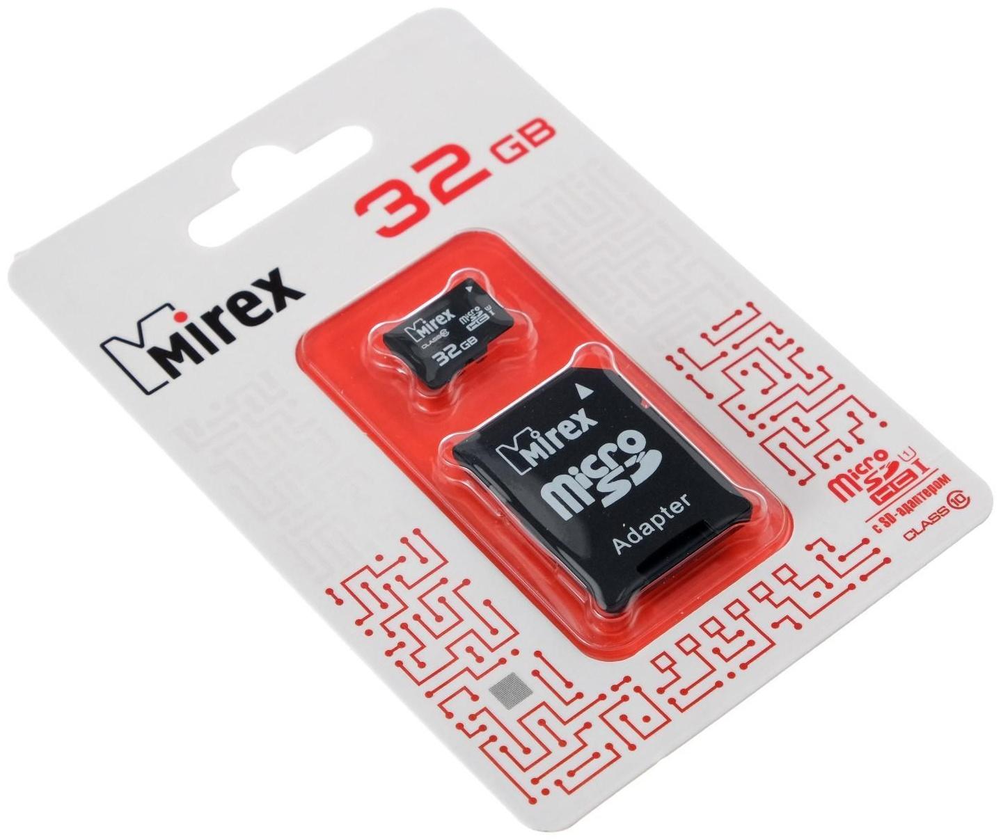 Карта памяти Mirex microSD, 32 Гб, SDHC, UHS-I, класс 10, с адаптером SD