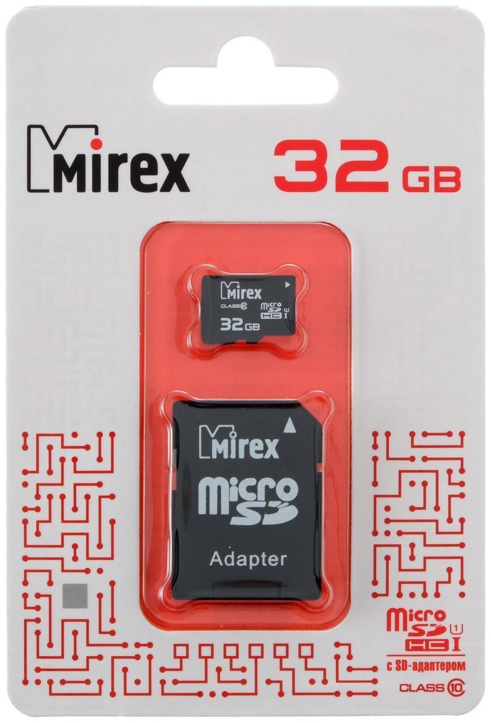 Карта памяти Mirex microSD, 32 Гб, SDHC, UHS-I, класс 10, с адаптером SD