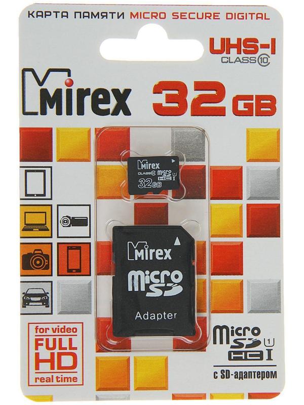 Карта памяти Mirex microSD, 32 Гб, SDHC, UHS-I, класс 10, с адаптером SD