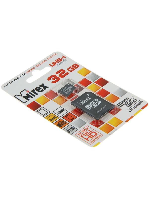 Карта памяти Mirex microSD, 32 Гб, SDHC, UHS-I, класс 10, с адаптером SD