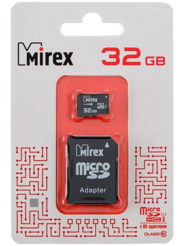 Карта памяти Mirex microSD, 32 Гб, SDHC, UHS-I, класс 10, с адаптером SD