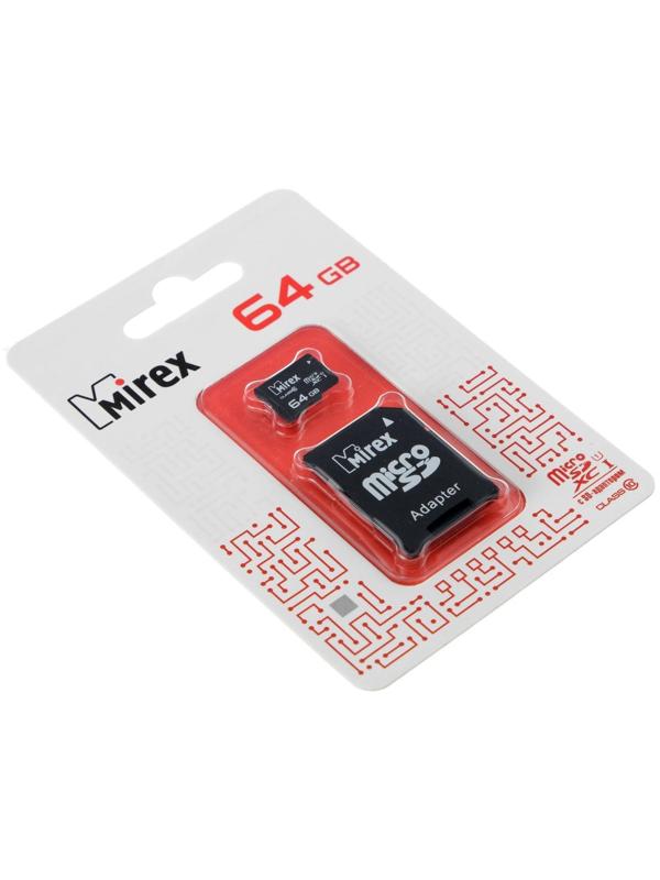 Карта памяти Mirex microSD, 64 Гб, SDXC, UHS-I, класс 10, с адаптером SD