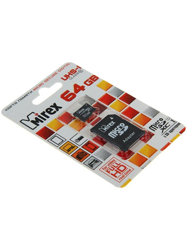 Карта памяти Mirex microSD, 64 Гб, SDXC, UHS-I, класс 10, с адаптером SD