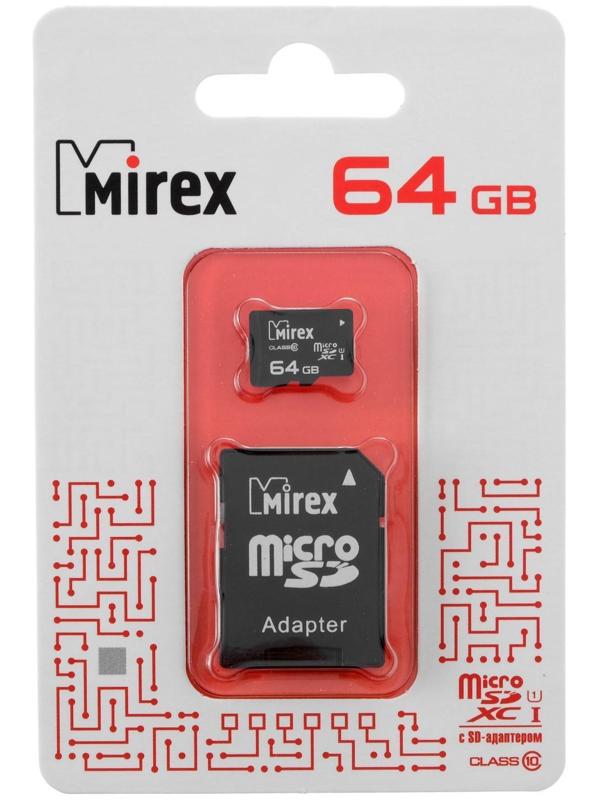 Карта памяти Mirex microSD, 64 Гб, SDXC, UHS-I, класс 10, с адаптером SD