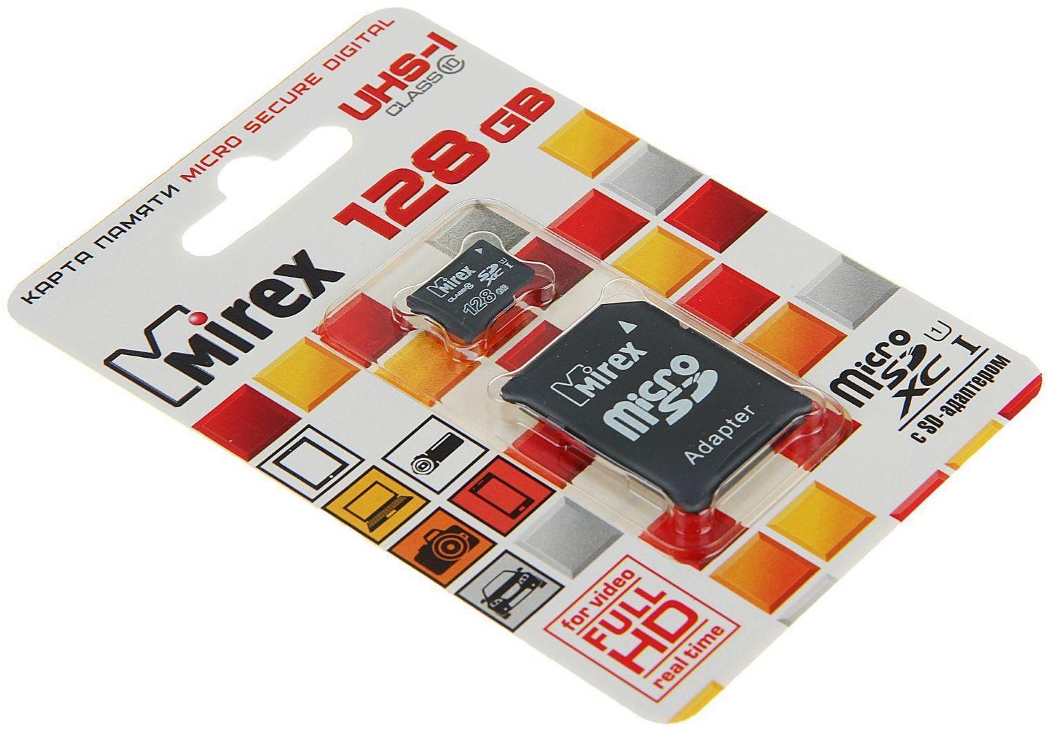 Карта памяти Mirex microSD, 128 Гб, SDXC, UHS-I, класс 10, с адаптером SD