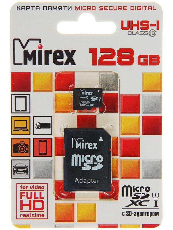 Карта памяти Mirex microSD, 128 Гб, SDXC, UHS-I, класс 10, с адаптером SD