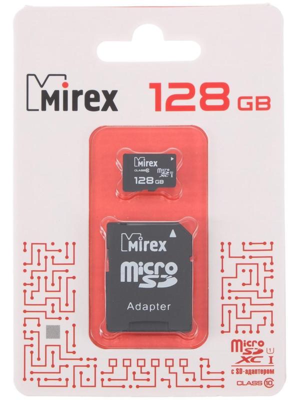 Карта памяти Mirex microSD, 128 Гб, SDXC, UHS-I, класс 10, с адаптером SD