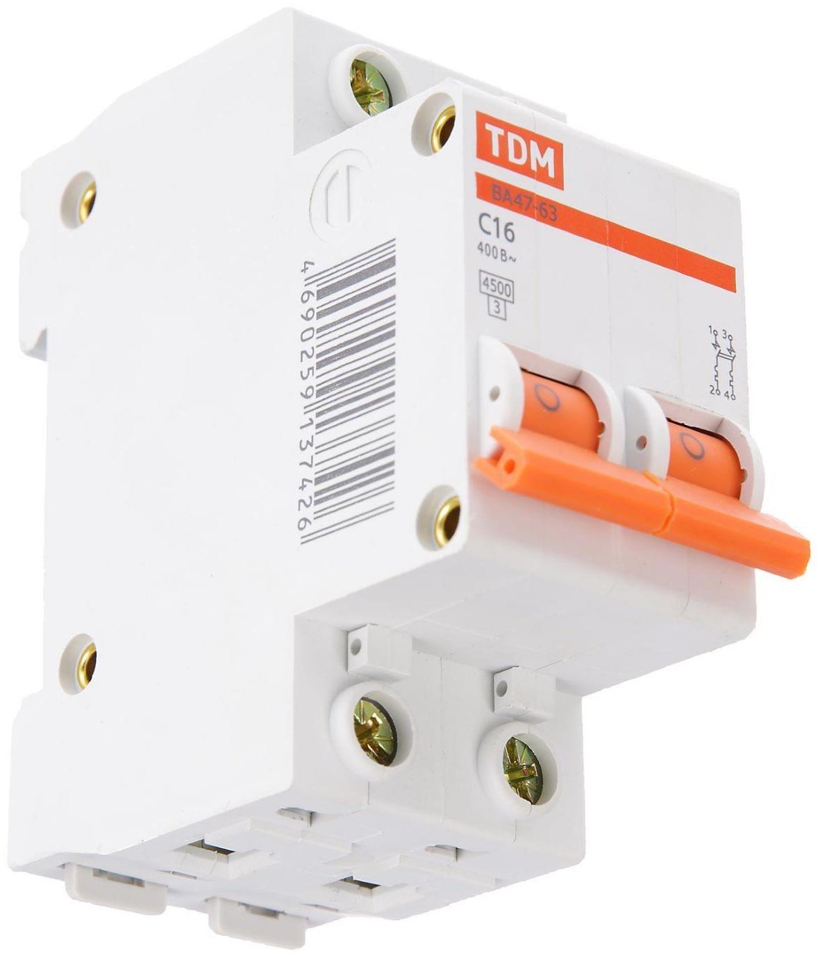 Выключатель автоматический TDM ВА47-63, 2п, 16 А, 4.5 кА
