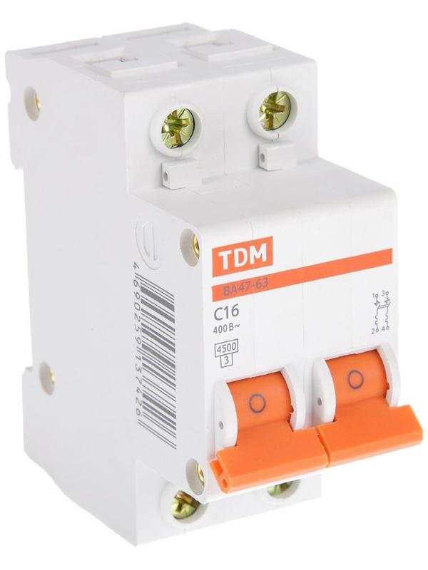 Выключатель автоматический TDM ВА47-63, 2п, 16 А, 4.5 кА