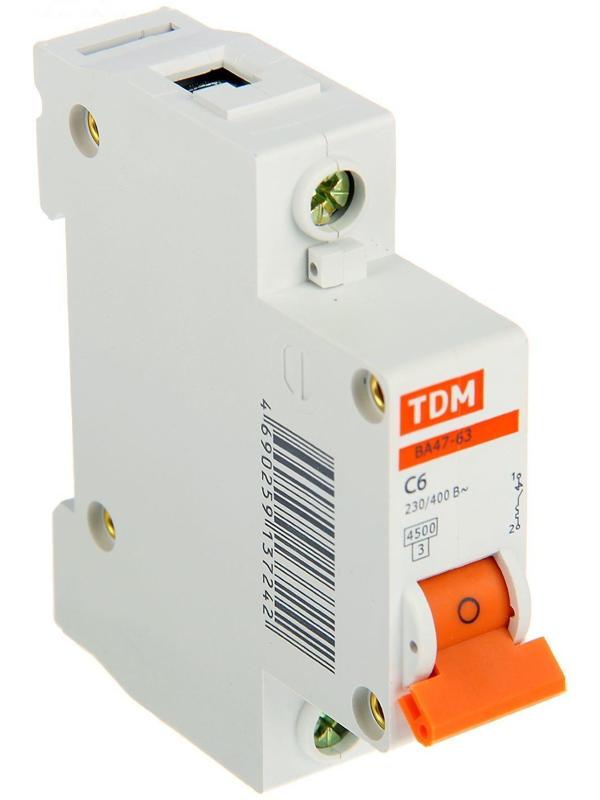 Выключатель автоматический TDM ВА47-63, 1п, 6 А, 4.5 кА