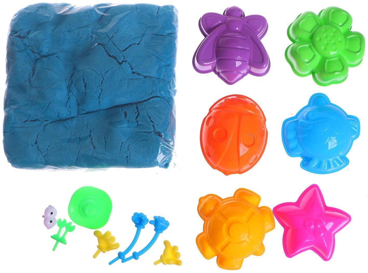 Космический песок голубой в коробке, 1 кг + песочница + формочки