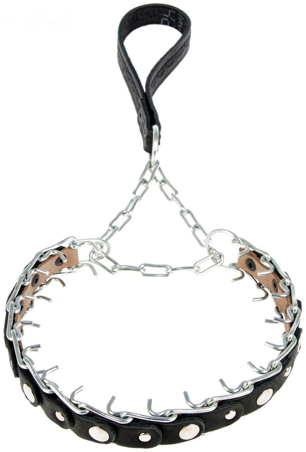 Ошейник строгий проволочный Зооник, сварная цепь и кожа, с ручкой, 3 см, ОШ 23-30 см, микс
