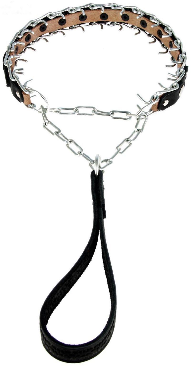 Ошейник строгий проволочный Зооник, сварная цепь и кожа, с ручкой, 3 см, ОШ 23-30 см, микс