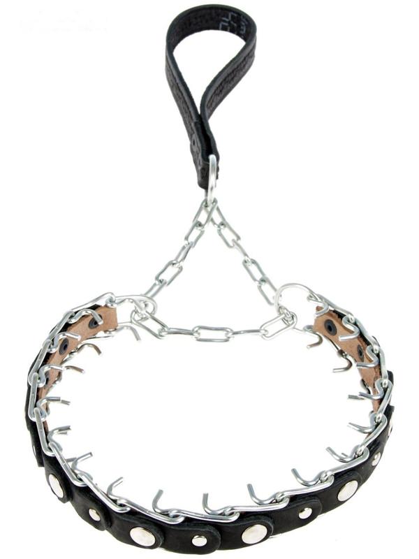 Ошейник строгий проволочный Зооник, сварная цепь и кожа, с ручкой, 3 см, ОШ 23-30 см, микс