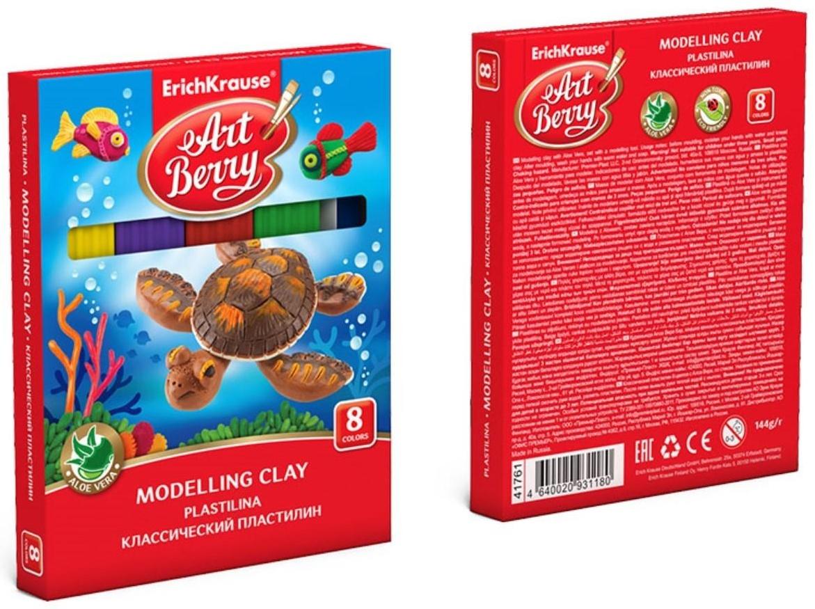 Пластилин 8 цветов, 144 г, ErichKrause ArtBerry, премиум, с алоэ вера, стек в подарок, индивидуальная упаковка брусков, в картонной упаковке