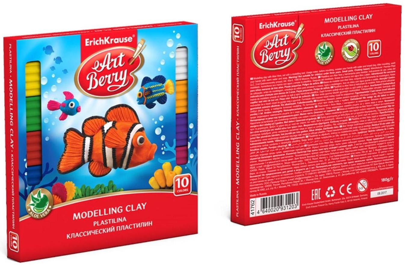 Пластилин 10 цветов, 180 г, ErichKrause ArtBerry, премиум, с алоэ вера, со стеком, индивидуальная упаковка брусков, в картонной упаковке