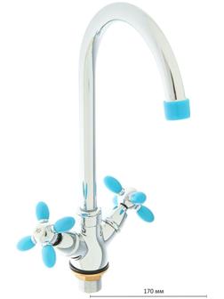 Смеситель для кухни Accoona A4582M, двухрычажный, высокий излив, синий/хром