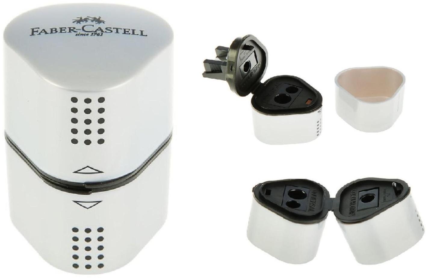 Точилка 3 отверстия с контейнером Faber-Castell TRIO Grip 2001 для стандартных, трёхгранных и Maxi карандашей, серая