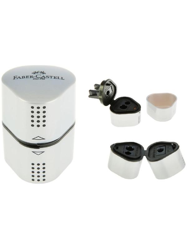 Точилка 3 отверстия с контейнером Faber-Castell TRIO Grip 2001 для стандартных, трёхгранных и Maxi карандашей, серая